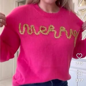Merry Gold Tinsel Graphic Hot Pink Sweater Fuchsia NEW S Holiday Party Crewneck